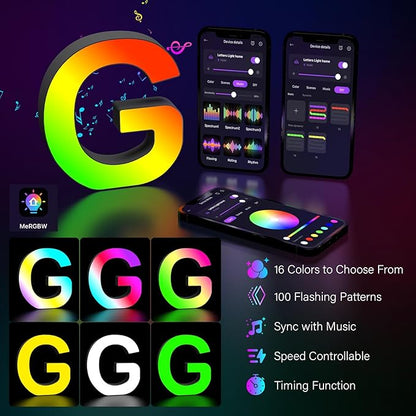 Light Up Letters Marquee Letter - Music Sync RGB Color Changing LED Letter Lights Logo Game Lights for Girls Women Party Birthday Christmas Valentine's Day Wall Desktop Decoration (MRGB-G)
