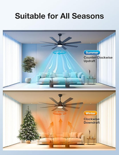 warmiplanet Ceiling Fans with Lights and Remote Control, 62-Inch, Reversible Silent DC Motor, 6 Speeds, 3 Color Dimmable LED Light, Timer, Black, 9-Blades
