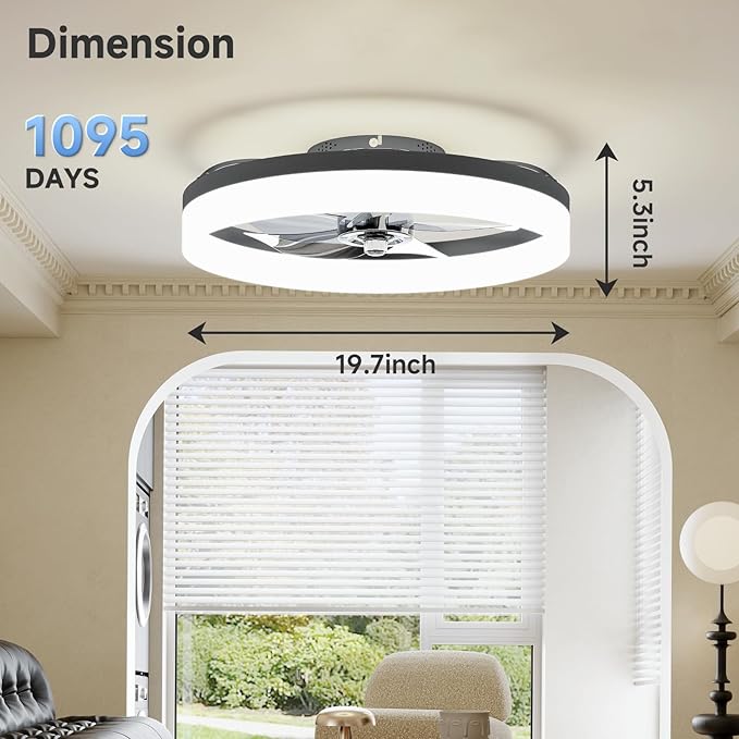 VOLISUN Low Profile Ceiling Fans with Lights and Remote, 19.7in Fandelier Ceiling Fan with Light, 3000K-6500K Dimmable Bladeless LED Fan Light, Black Flush Mount Ceiling Fans with Lights for Bedroom