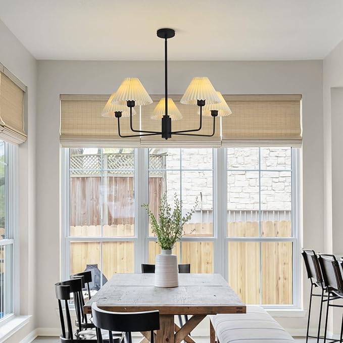 KCO Lighting Vintage Pleated Fabric Ceiling Light Fixture Mid Century Modern Black Chandelier Contemporary Large White Chandelier 5 Light Chandeliers for Dining Room Living Room