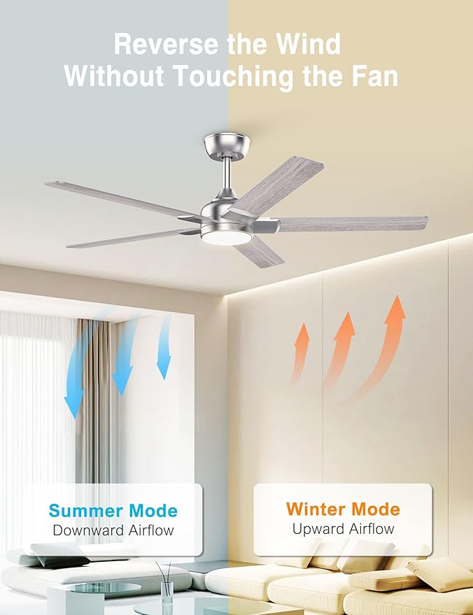 DAMINY 52 inch Nickel Ceiling Fans with Lights,5 Blades,6CCT, Low Profile,Remote Control,for Bedroom, Kitchen,Living Room,Indoor/Outdoor Use,Downrod