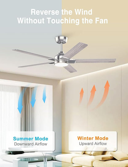 DAMINY 52 inch Nickel Ceiling Fans with Lights,5 Blades,6CCT, Low Profile,Remote Control,for Bedroom, Kitchen,Living Room,Indoor/Outdoor Use,Downrod