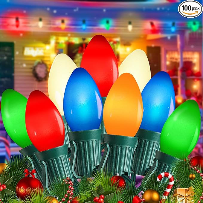 100FT C7 Multicolor Christmas Lights Outdoor, Vintage Christmas Lights String with 100+5 LED Colorful Bulbs, Hanging Christmas String Light for Home Patio Party Indoor Outdoor Christmas Decorations