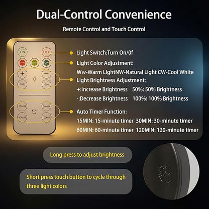 Battery Operated Wall Sconce Set of 2, Black Rechargeable Wall Light with Remote Control, 3000K-6500K Dimmable Wireless Wall Lamp for Bedroom Living Room Bathroom Hallway
