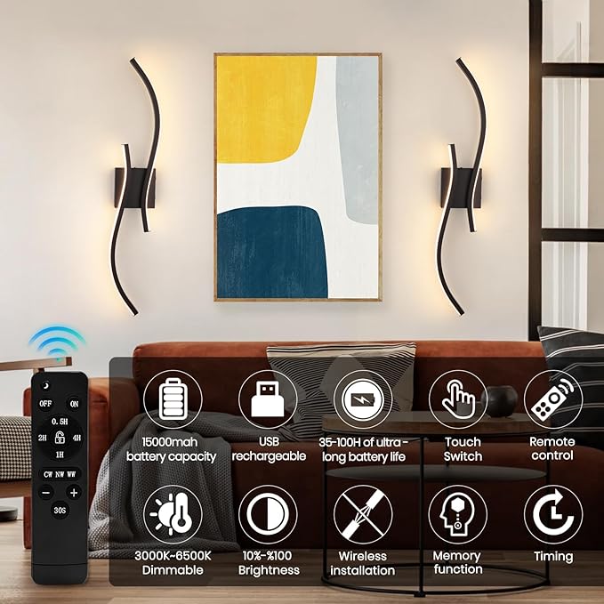 Battery Operated Wall Sconces Set of 2, Dimmable Rechargeable Battery Wall Light with Remote Control, 3000K-6500K LED Black Wireless Wall Sconce for Living Room Bedroom Hallway, 31.5inch (Black)