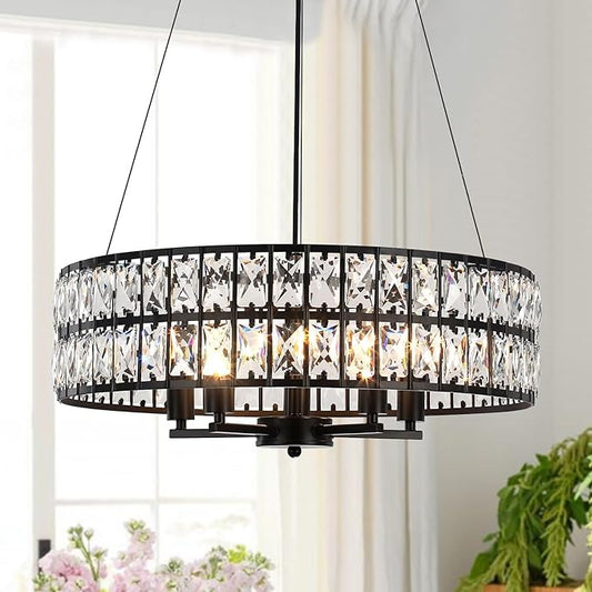 Modern Black Crystal Chandelier, 5-Light Round Crystal Chandeliers for Dining Room, 20" Contemporary Chandelier for Entryway, Living Room, Bedroom, Kitchen, Foyer Hanging Ceiling Lighting Fixtures