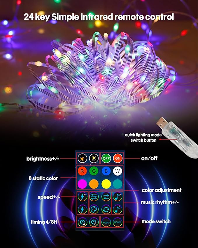 Super RGB Smart Fairy String Lights, 33Ft Usb DIY Twinkle Lights w/Remote & App Controlled, music sync,12 Modes, Multicolor & Warm White for Bedroom, Christmas, Parties,Wedding,Centerpiece, Decoration