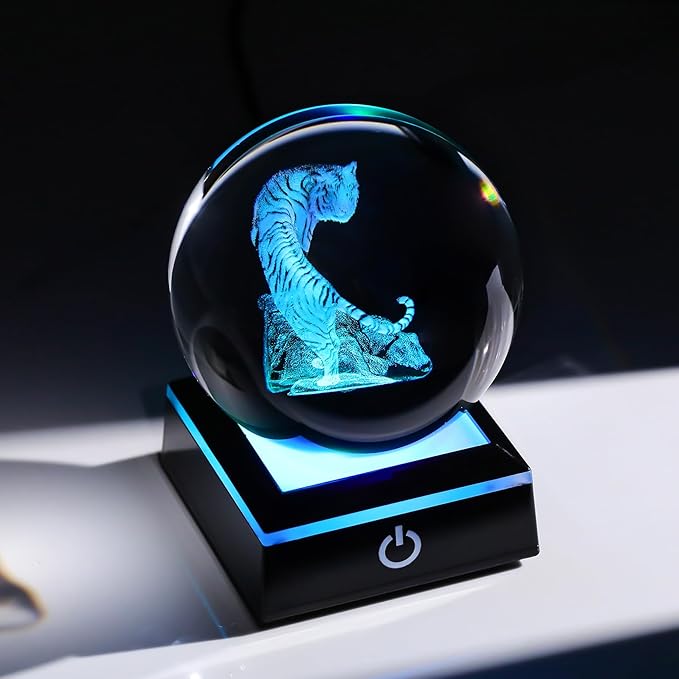 Arikyrist 3D Tiger Crystal Ball Figurine with Colorful Light Base, Tiger Gifts for Women Men on Christmas Birthday, Laser Engraved Tiger Collectible Globe Glass Decorative Ball for Home Office (80mm)