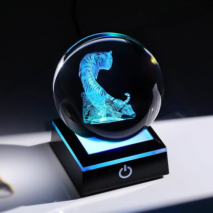 Arikyrist 3D Tiger Crystal Ball Figurine with Colorful Light Base, Tiger Gifts for Women Men on Christmas Birthday, Laser Engraved Tiger Collectible Globe Glass Decorative Ball for Home Office (80mm)
