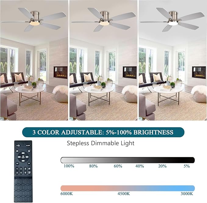 Ayaoty 52 Inch Low Profile Ceiling Fans with Lights and Remote, Flush Mount Modern Ceiling Fan, 3CCT Dimmable DC Ceiling Fan for Bedroom, Living Room, Brushed Nickel