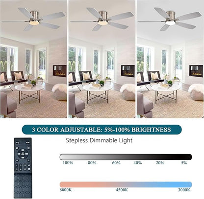 Ayaoty 52 Inch Low Profile Ceiling Fans with Lights and Remote, Flush Mount Modern Ceiling Fan, 3CCT Dimmable DC Ceiling Fan for Bedroom, Living Room, Brushed Nickel