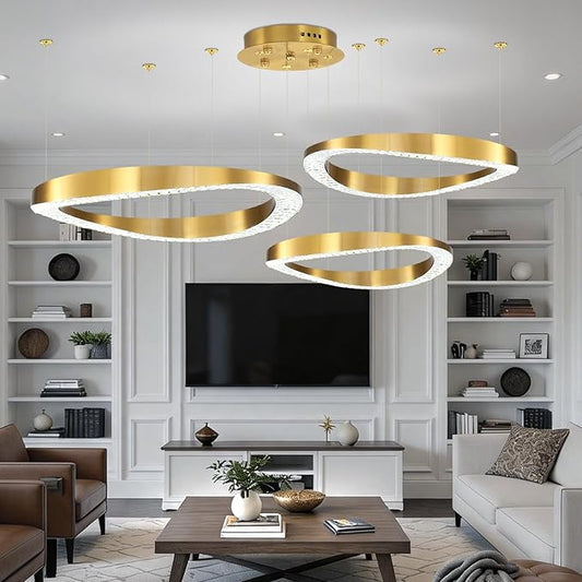 Flashing God Modern Gold Crystal Chandelier Lighting LED Dimmable Ceiling Light Fixture Contemporary Adjustable Stainless Steel 3 Rings Chandeliers Lights D16''+D24''+D32''