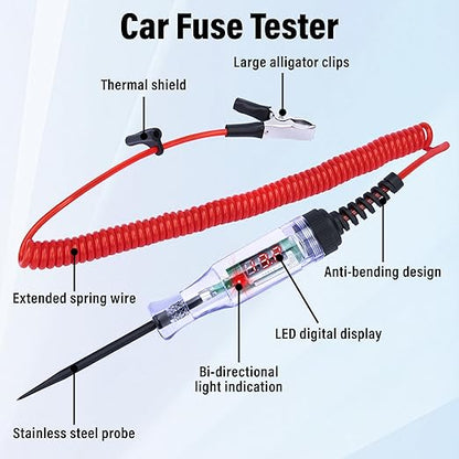 Test Light Automotive, 5-90V DC Test Light with Voltmeter, Bidirectional Car Fuse Tester with Voltage Display, Digital LED Circuit Tester with Extended Spring Wire & Probe for Car/RV/Vehicles