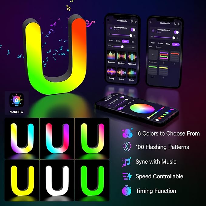 Light Up Letters Marquee Letter - Music Sync RGB Color Changing LED Lights Letter Logo Game Lights for Girls Women Party Birthday Christmas Valentine's Day Wall Desktop Decoration (MRGB-U)