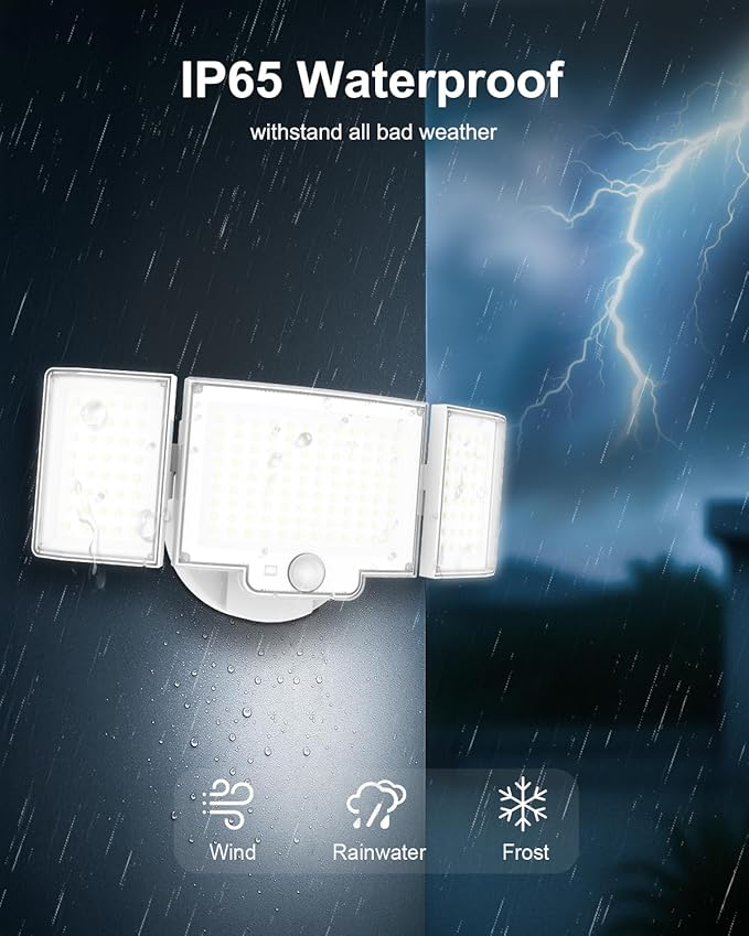 Motion Sensor Outdoor Light, 188 LED 4200LM Flood Lights Outdoor, 6500K Daylight, 3 Modes with Remote Control, IP65 Waterproof, Adjustable Heads, Hardwired 120V for Garage, Yard, Porch, 2 Pack White