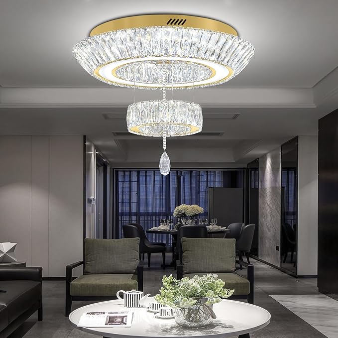 Led 24'' Gold Ring Crystal Chandelier,Modern Luxury 2-Tier Crystal Raindrop Chandeliers Lighting for Dining Living Room LED Dimmable 3000-6000K