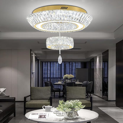 Led 24'' Gold Ring Crystal Chandelier,Modern Luxury 2-Tier Crystal Raindrop Chandeliers Lighting for Dining Living Room LED Dimmable 3000-6000K