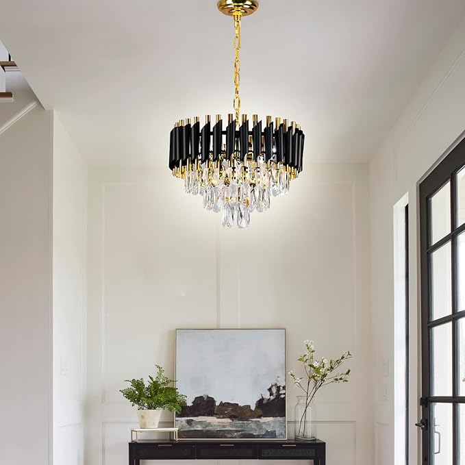 FRIXCHUR Modern Crystal Chandeliers 16" Black and Gold Chandelier Round Crystal Pendant Light 3-Tier Modern Chandeliers for Dining Room Living Room Bedroom Foyer