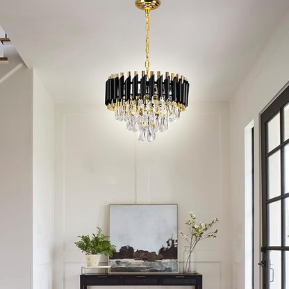 FRIXCHUR Modern Crystal Chandeliers 16" Black and Gold Chandelier Round Crystal Pendant Light 3-Tier Modern Chandeliers for Dining Room Living Room Bedroom Foyer
