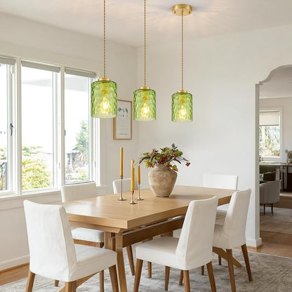 MWZ Gold Pendant Lights Kitchen Island 3 Pack, Modern Hanging Kitchen Pendant Lighting Over Sink with Green Hammered Glass Shade,Small Chandeliers Fixtures Adjustable Cord Hanging Lighting