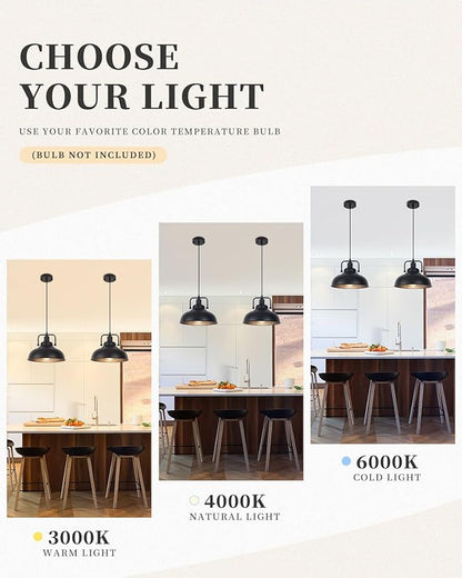 Black Farmhouse Pendant Light 2pack, 11.4in Vintage Kitchen Pendant Light Fixture, Adjustable Height, Modern Pendant Lighting, Metal Pendant Lights for Kitchen Island, Dining Room E26 Base