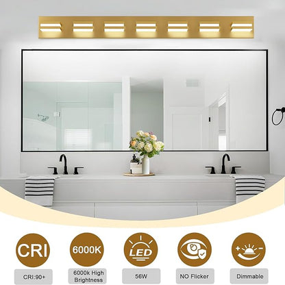 IZORRO LED Modern Bathroom Lights Fixtures(7-Light,Dimmable,360°Rotate),Brushed Glod Acrylic Wall Lighting,Vanity Lights for Bathroom Over Mirror - 6000k 40In （No Assembly Required）