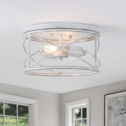 2-Light Flush Mount Distressed White Ceiling Light Fixture, Farmhouse Vintage Industrial Metal Cage, Dimmable for Hallway Kitchen Bedroom Living Room Laundry Utility Room Bathroom Entryway