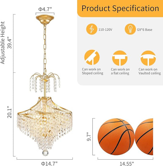 WUZUPS Clear Crystal Chandelier Pendant Flushmount Ceiling Light Modern Lighting Fixture for Bedroom Hallway Bar Kitchen Bathroom, H 20.1" x W 14.7", Gold, G9 Base