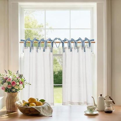 jinchan Linen Tie Top Curtains 36 Inch Length Farmhouse Cafe Curtains Set of 2 for Bedroom Bathroom Rustic Small Windows Light Filtering White Panels with Blue Ties