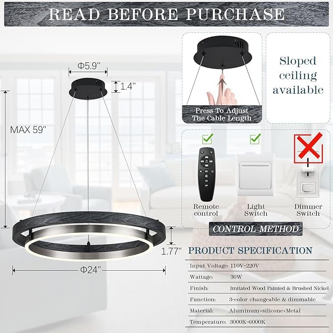 LED Ring Chandelier Dimmable Black Chandelier Round Foyer Chandeliers Light Brushed Nickel Circular Chandeliers for Dining Room Entry Bedroom Office Living Room 24in