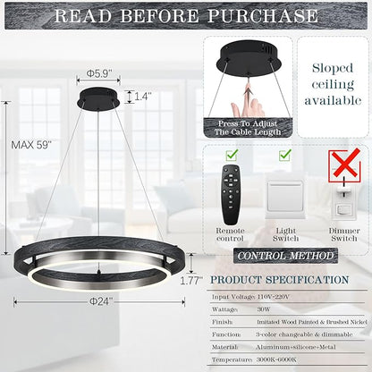LED Ring Chandelier Dimmable Black Chandelier Round Foyer Chandeliers Light Brushed Nickel Circular Chandeliers for Dining Room Entry Bedroom Office Living Room 24in