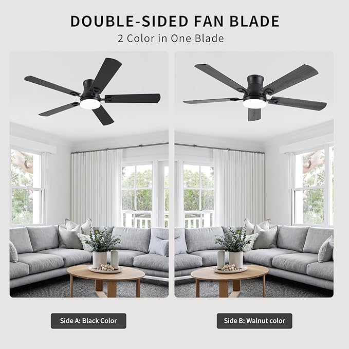 KNUN Ceiling Fans with Lights,52 Inch Low Profile Ceiling Fan with Light and Remote Control,Flush Mount,6 Speeds DC Reversible Motor, 3CCT Dimmable, Noiseless Black Ceiling Fan for Living Room,Patio