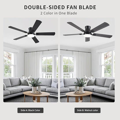 KNUN Ceiling Fans with Lights,52 Inch Low Profile Ceiling Fan with Light and Remote Control,Flush Mount,6 Speeds DC Reversible Motor, 3CCT Dimmable, Noiseless Black Ceiling Fan for Living Room,Patio