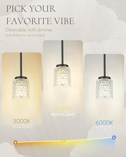 FEMILA 4" Black Pendant Light, Hammered Glass Chandelier, Dining Room Light Fixtures Over Table, 4FY86MIL-3PK BK