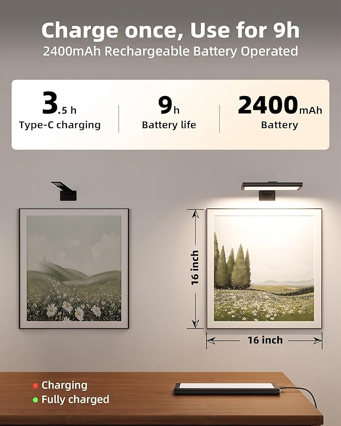 EZVALO Picture Light for Wall, Rechargeable 2400mAh Battery Lights Wireless with IR Remote, 3 Color & Dimmable Magnetic 7.87'' LED Lights Display for Painting, Living Room, Gallery, Bedroom(Black-2P)