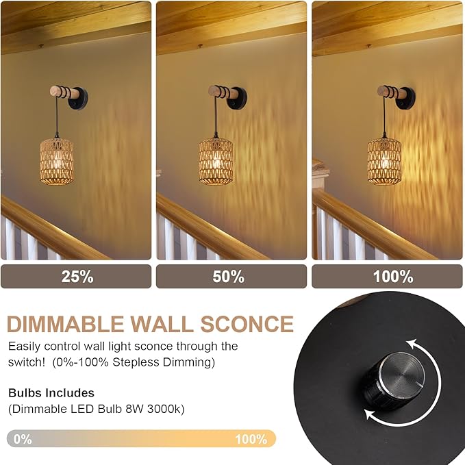 Boho Wall Sconces Set of 2 Rattan Wall Sconce Dimmer Wall Lamp Light Fixtures with Cord Wicker Hanging Wall Mount Light for Bedroom Living Room