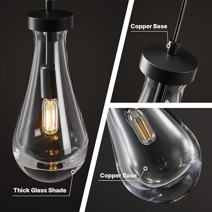 Raindrop Pendant Lights Kitchen Island: Modern 2 Black Teardrop Hanging Light for Bathroom - Crystal Pendants Light over Dining Table - Brass Raindrops lamps Fixture for Bedroom Hallway Bulbs Included