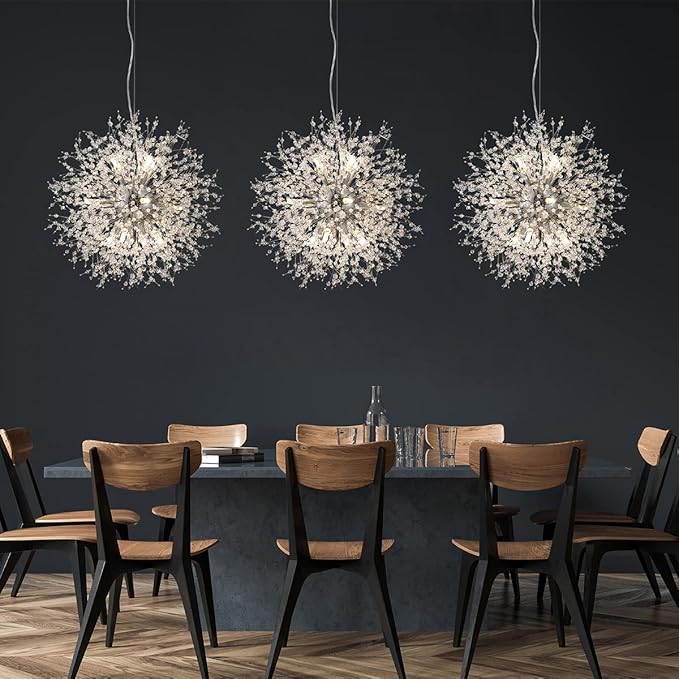 Modern Crystal Chandeliers Firework, 12-Light Chrome Stainless Steel Sputnik Chandelier, 21.6" Dandelion Pendant Ceiling Light Fixture for Bedroom Dining Room