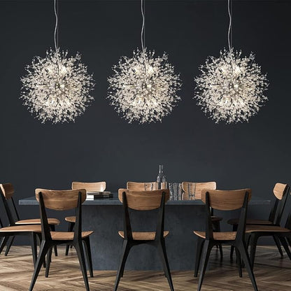 Modern Crystal Chandeliers Firework, 12-Light Chrome Stainless Steel Sputnik Chandelier, 21.6" Dandelion Pendant Ceiling Light Fixture for Bedroom Dining Room