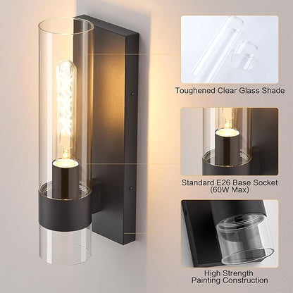 Black Wall Sconces Set of 2, Modern Bathroom Sconces Wall Lighting Vanity Light Fixtures with Clear Glass, Bathroom Sconces Set of 2, Indoor Wall Sconce for Bathroom Living Room Bedroom