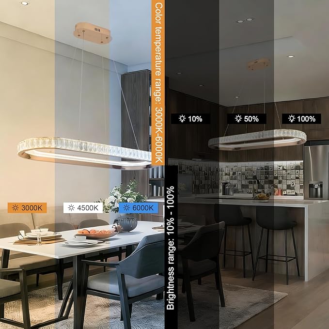 Gold Modern Chandelier Linear Led Chandeliers for Dining Room Oval Ring Chandelier Light Fixture Dimmable Led Pendant Light for Kitchen Island Lighting with Remote Controller