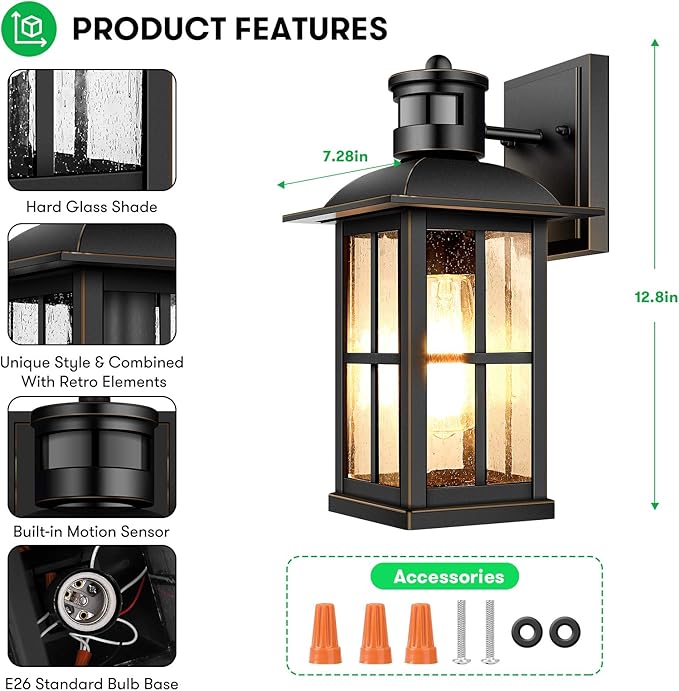 13in Motion Sensor Porch Light, Anti-Rust 100% Aluminum Dusk to Dawn Outdoor Light Fixtures, Exterior Wall Lantern Sconce Lighting Matte Black, Outside Lights for House Wall Mount for Entryway Garage