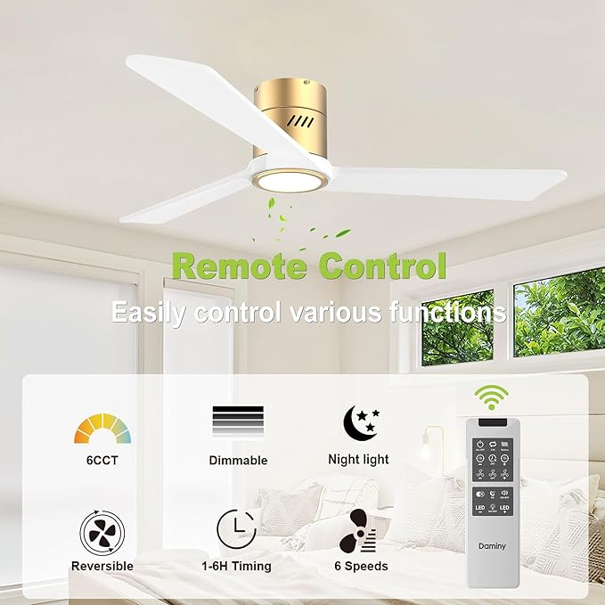 DAMINY Natural Solid Wood White and Gold 52 inch Ceiling Fan with Light,3 Blades,6CCT,Low Profile Ceiling Fan with Light and Remote Control, APP Control,Flush Mount