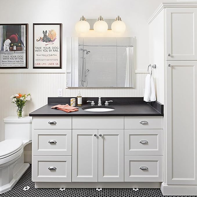Tuscarora Bathroom Light Fixtures, Brushed Nickel Vanity Light 3 Light with Milk Glass Shade, Over Mirror Lighting for Bathroom
