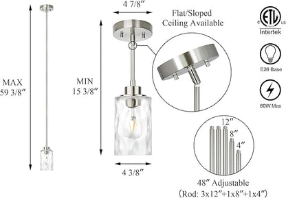 XiNBEi Lighting Mini Pendant Light 1 Light Glass Pendant Lighting, Modern Adjustable Kitchen Hanging Light Brushed Nickel Finish XB-P1227-BN