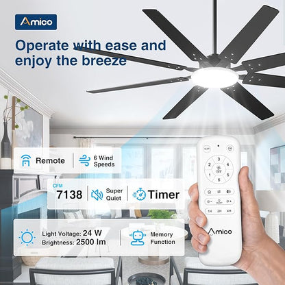 72 inch Ceiling Fans with Lights,Large Ceiling Fan with Light and Remote Control, Dimmable, 3CCT, Quiet, Black Modern Ceiling fan For Living Room, Bedroom, Kitchen, Patio, Farmhouse, Indoor/Outdoor