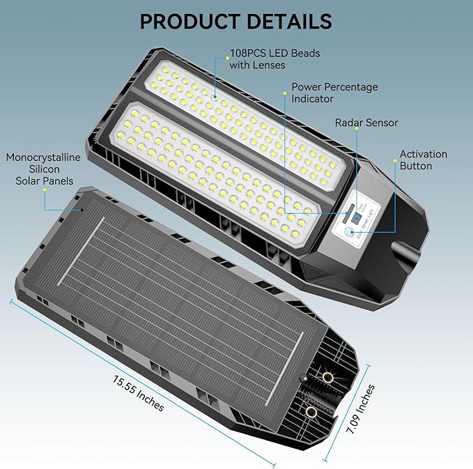 VOOJOY 5000W Solar Street Lights Outdoor, 7000K Solar Light Outdoor LED Street Light Dusk to Dawn, LED Wide Angle Lamp with Motion Sensor and Remote Control for Parking Lot, Yard, 3 Pack