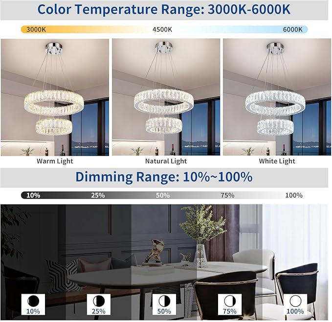 Depuley Modern LED Crystal Chandelier: 11.8" + 19.7" Rings Dimmable Pendant Light Adjustable for Dining Room - 42W Double-Decker Round Crystal Chandeliers for Bedroom Living Room Porch Foyer