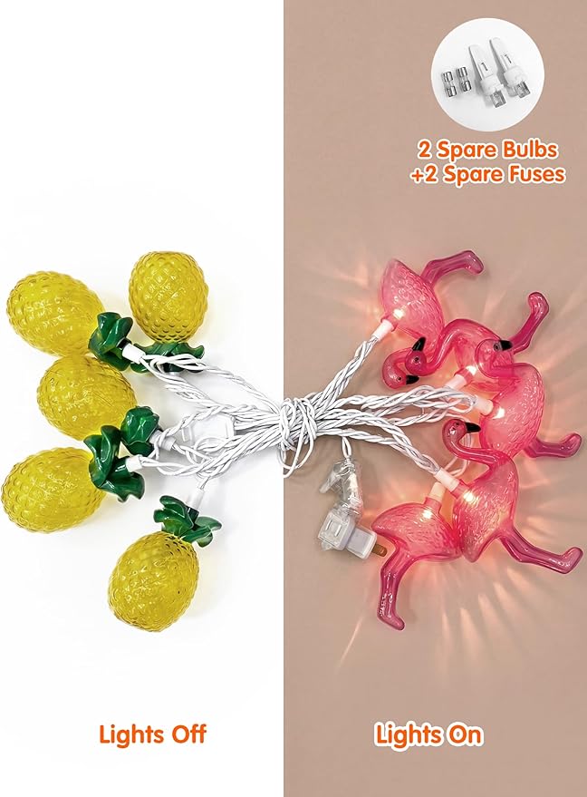 8.5FT Flamingo Pineapple Summer String Lights, Boho Tropical Tiki Summer Decorative String Lights with 10 LED Bulbs, Connectable Outdoor Indoor Decor for Hawaiian Luau, Pool Party, Patio, Beach