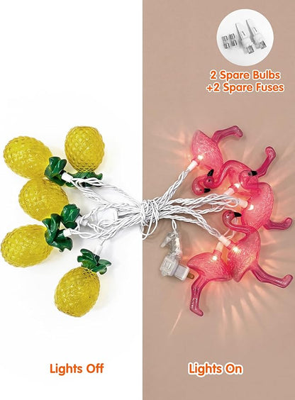 8.5FT Flamingo Pineapple Summer String Lights, Boho Tropical Tiki Summer Decorative String Lights with 10 LED Bulbs, Connectable Outdoor Indoor Decor for Hawaiian Luau, Pool Party, Patio, Beach